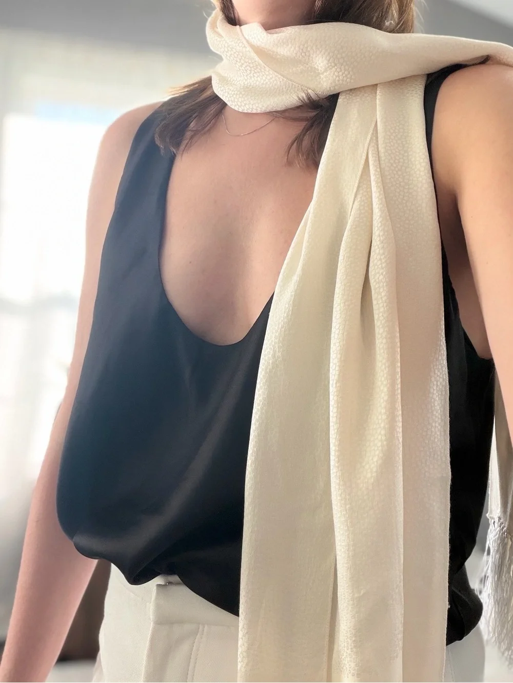 Valentino Vintage Ivory Silk Fringe Scarf | Quiet Luxury | Long